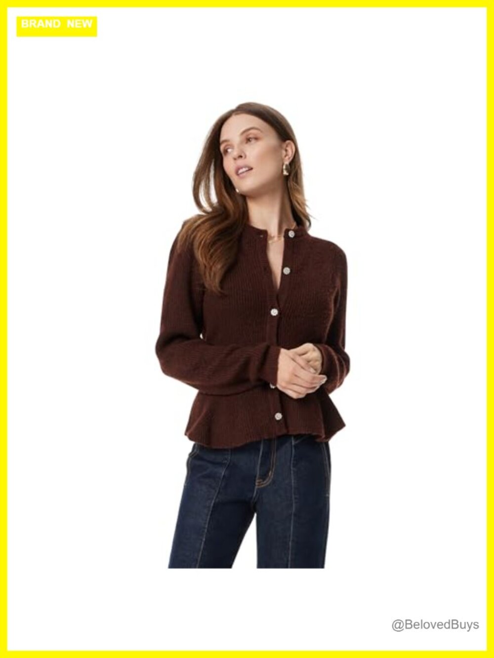 Flare Hem Button Front Cardigan Sweater Polyester Blend Long Sleeve
